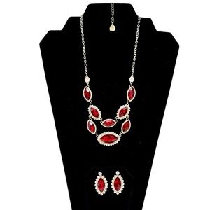 Monet Vintage 90's Red Marquise Shape & Clear Rhinstone Necklace & Earrings Set